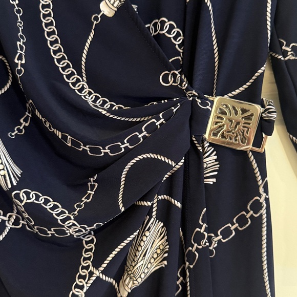 Anne Klein Dress Womens 12 Navy Chain & Tassel Pattern Wrap Dress- Stretch Knit - Picture 3 of 7
